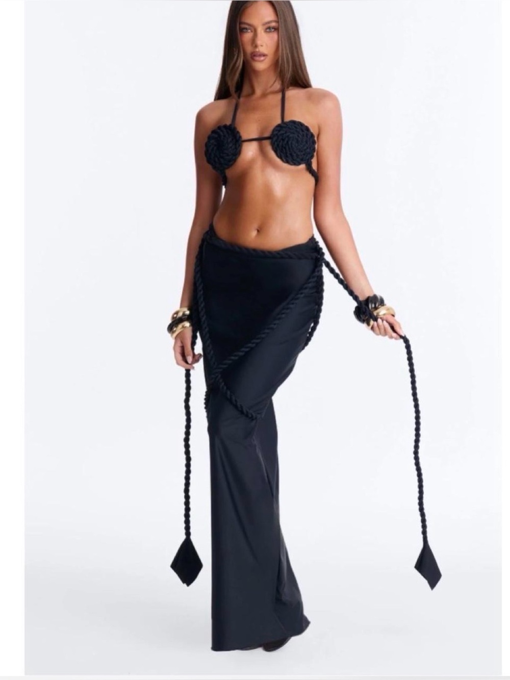 Fashion Nova Black Rope-Detail Swim Sarong